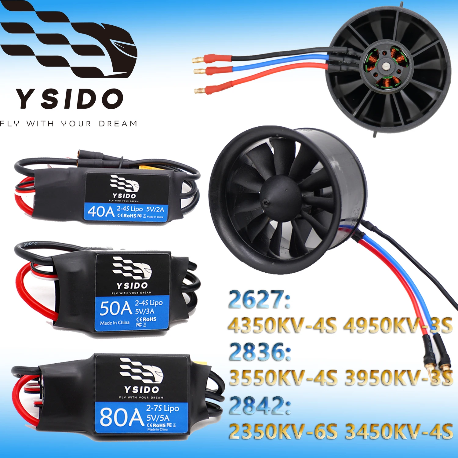 

YSIDO 2627 2836 2842 11-лопастной канальный вентилятор EDF 40A 50A 80A ESC Контроллер скорости 2-7S для RC JET Детали для обновления модели самолета