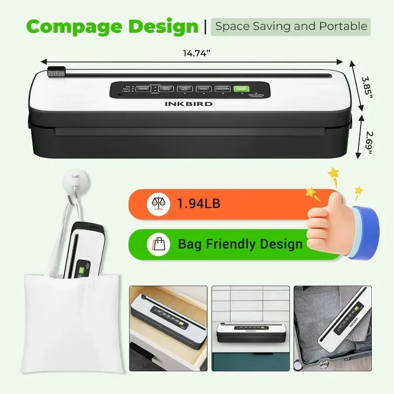 Inkbird Vacuum Sealer Machine Compact Food Preservation System with Cutter Full Start Kit with Pre-cut Bags*10