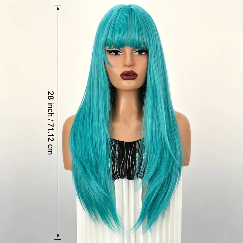 28Inch Long Straight Synthetic Full Wig With Bangs Full Head Wig Heat Resistant Fiber Wig for Women Cosplay Party Halloween