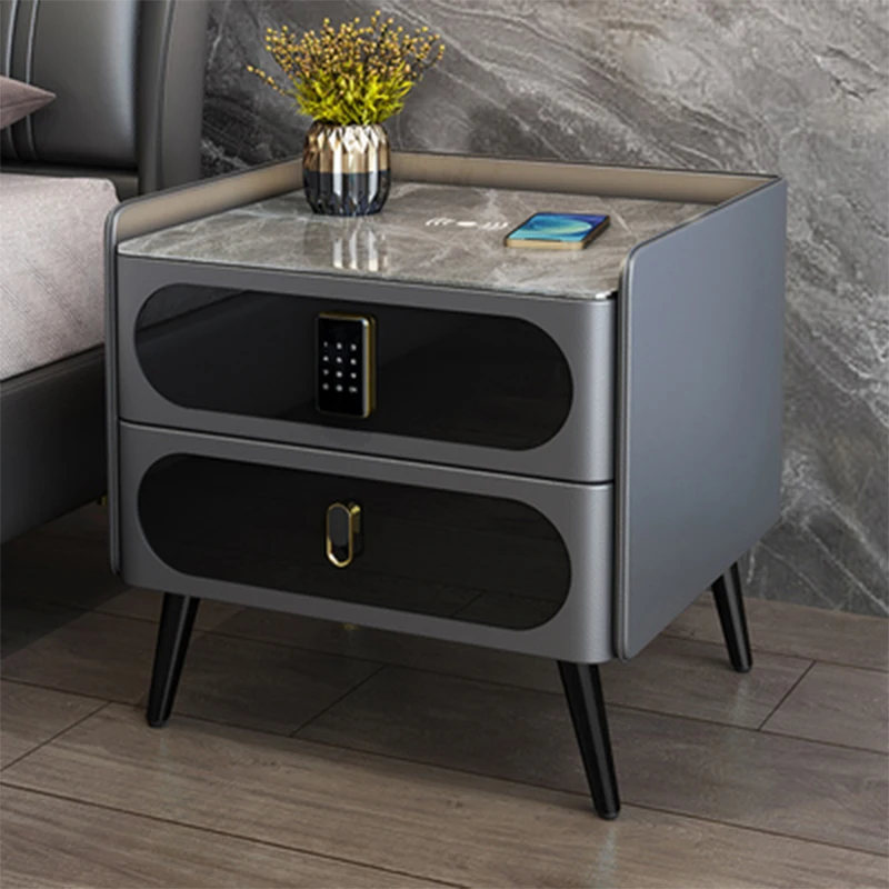 Modern Luxury Smart Leather Bedside Table Multi-Function Wireless Charging Lockable Storage Bedroom Nightstand