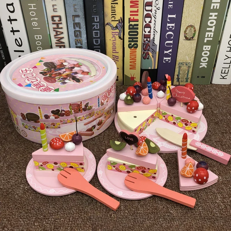 Modèle de gâteau d'anniversaire double Harvey en bois pour enfants, maison de jeu, simulation, bricolage, cuisine, jeu de simulation, gâteau de coupe, tout-petit, enfant