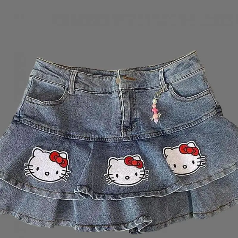 Sanrios Hello Kitty Kawaii Anime Schattig Meisje Y2K Millennium Hot Girl Denim Korte Rok Mode A-lijn Mode Taart Halve Rok