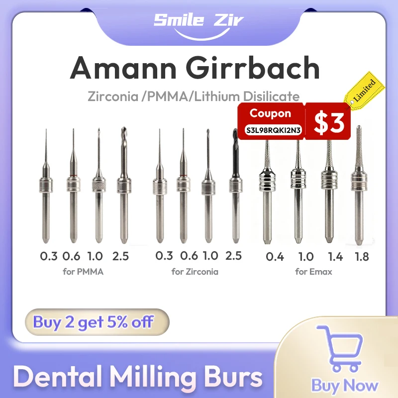 

Amann Girrbach Dental Milling Burs D3 for Zirconia Lithium Disilicate PMMA Diamond DC NC Coating CAD CAM Dental Lab Drills Tools