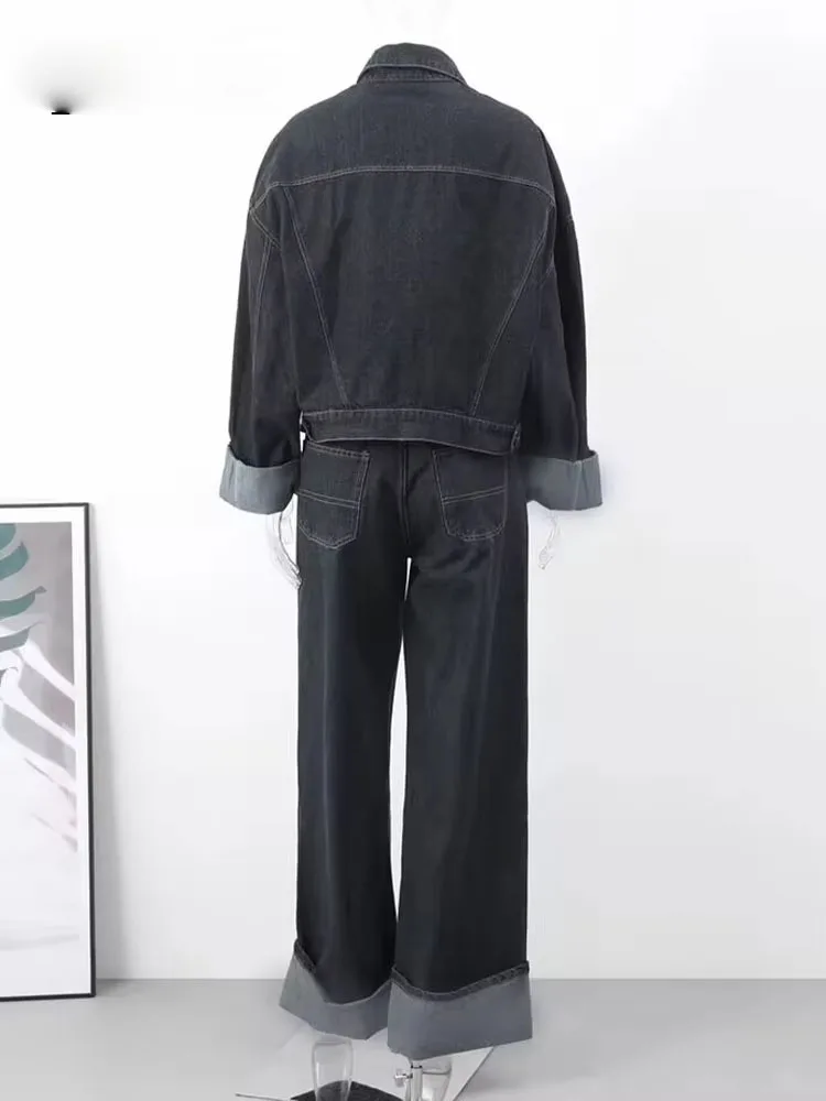 Autumn Fashion Women Denim High Waist Wide Leg Pants+Female Long Sleeve With Flap Pockets Cropped Coat Two Pieces Set