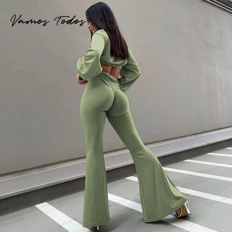 

2022 Soild High Waist Bell Bottom Pants Vintage Long Women Pants Elastic Bell-bottomed Trousers Fashion Women's Clothing