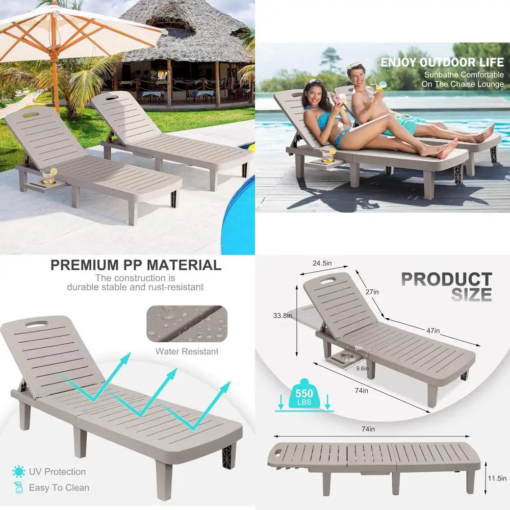 Outdoor Waterproof Resin Chaise Lounge Chairs with 5 Adjustable Positions and Cup Holder for Patio Relaxation