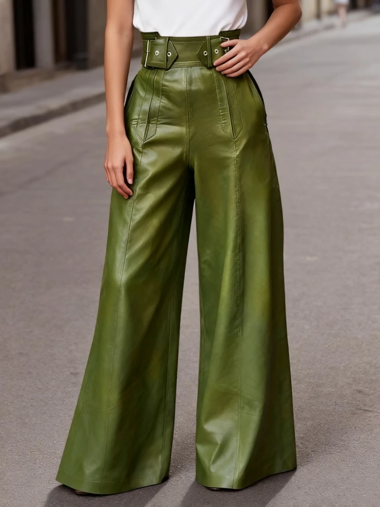 UOOZEE Office Ladies Fashion Faux Leather Wide Leg Pants 2026 New Solid Color High Waisted Loose Pleated Casual Trendy Trousers