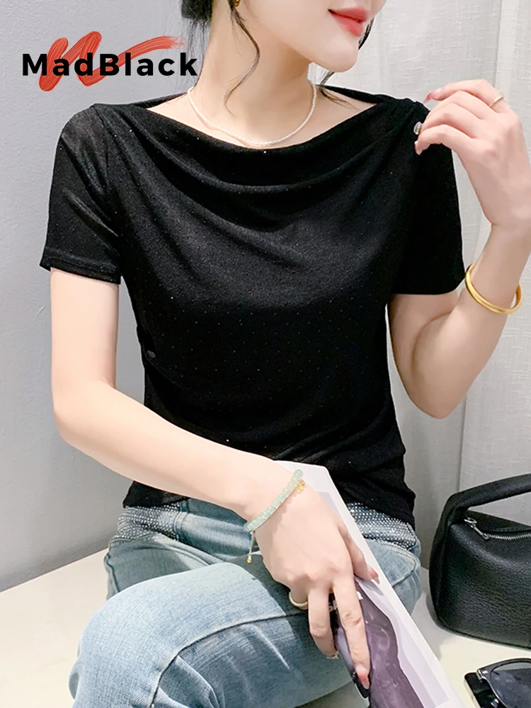 

MadBlack European Clothes Tshirts Women Sexy Off Shoulder Hot Drill Slim Stretchy Mesh Tops Short Sleeve Tee Summer T45875JC