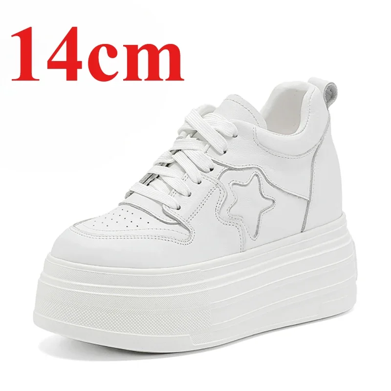 Genuine Leather Black/White Skate Shoes for Women's Invisible Increased 12cm Ultra Light Platform Casual Fashion Elevated Shoes