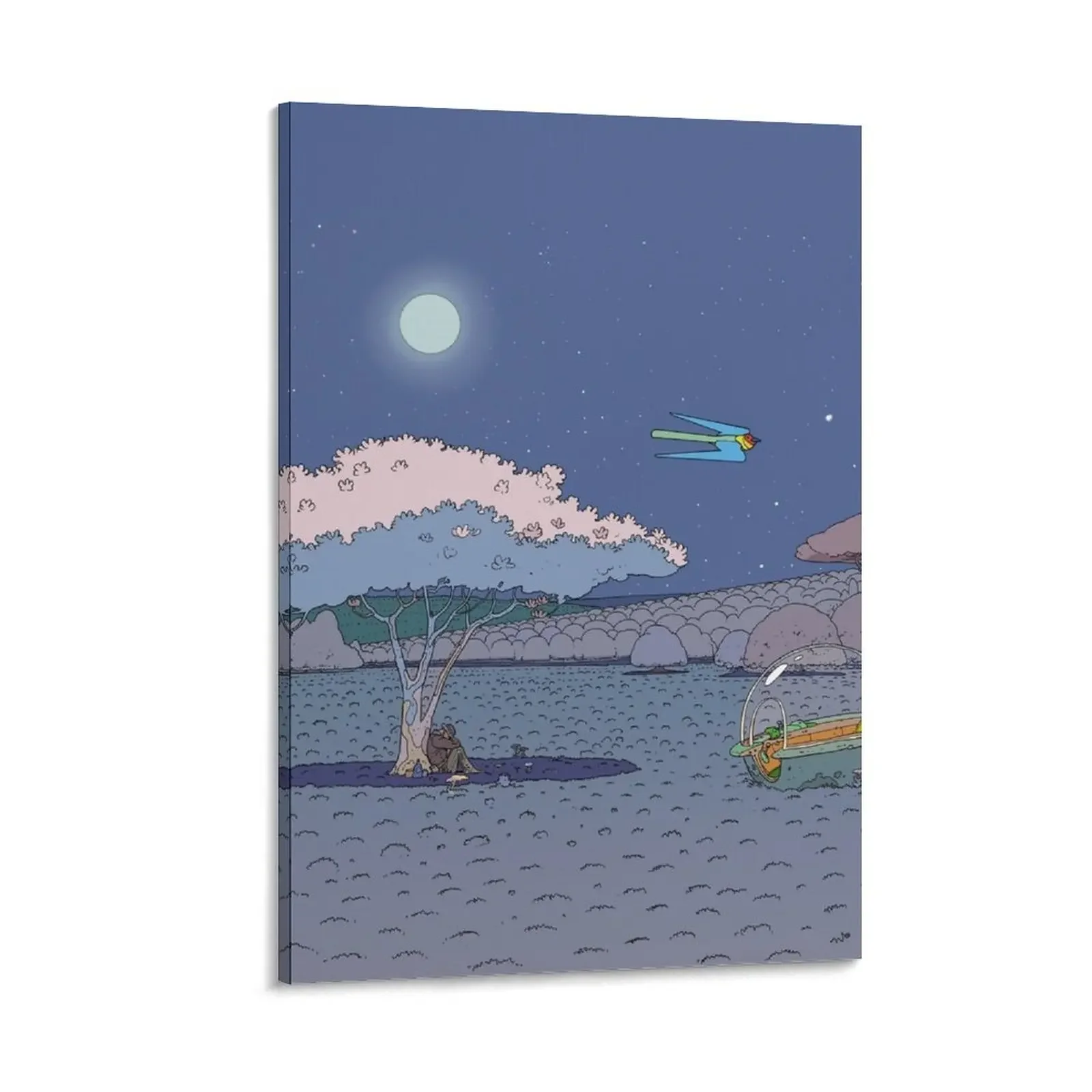 

the world of edena,night,moon,hq,tree,comic,moebius,stel,trascendence,psychadelic,landscape,bubble ship, forest Canvas Painting