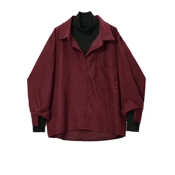 偽二枚韓国ファッションブラウスターンダウン襟ヴィンテージ固体エレガントなルーズすべて一致カジュアル Blusas Mujer De Moda