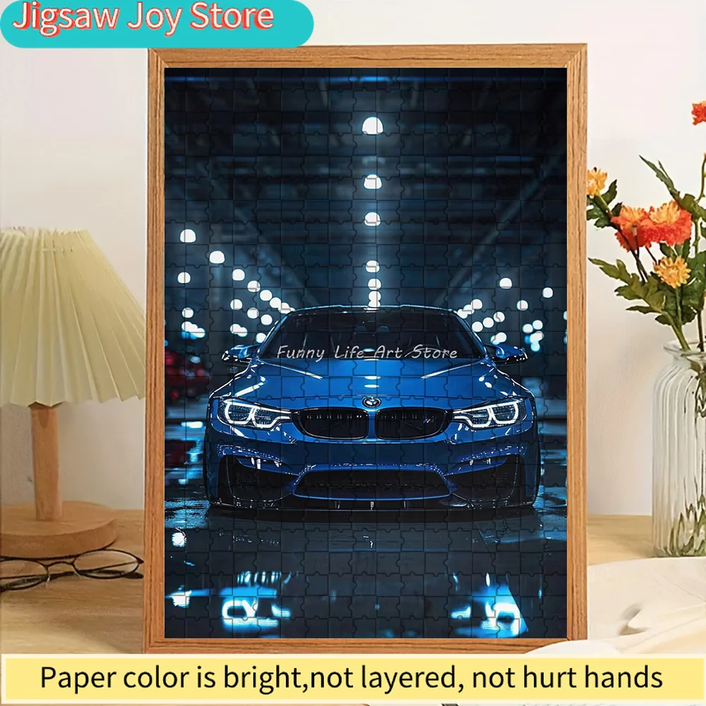 

Paper Jigsaw Puzzle Vibrant Blue BMW M4 Sports Car with Underground Parking Garage Night Scene Art Print Wall Decor Modern Germa
