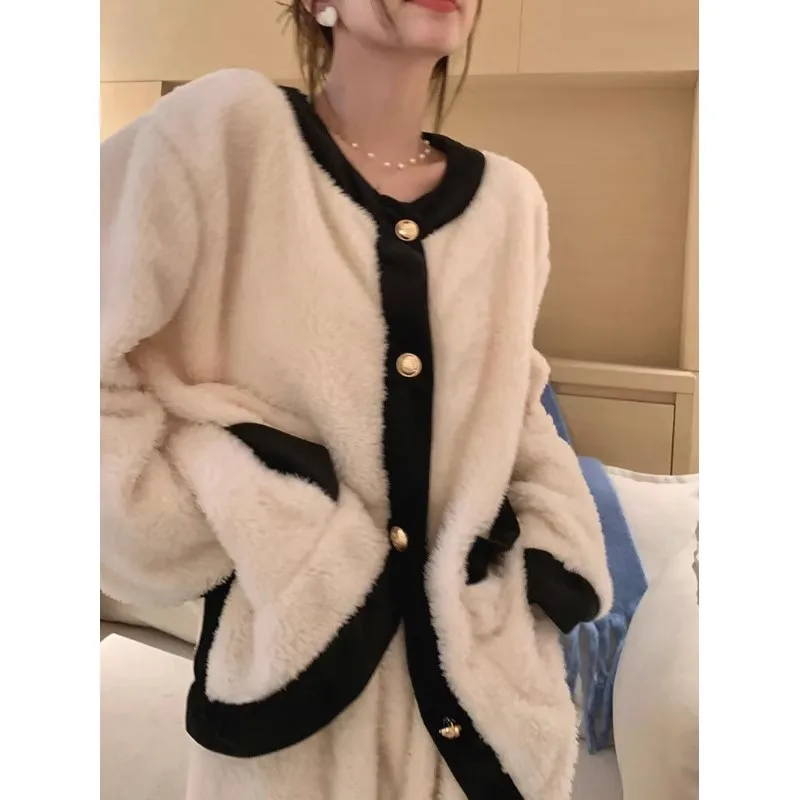 

Thi Coral Fce Pajamas Set Women's Sle Autumn Winter Warm Home Clothes Set round Ne Long Sve Spwear Ensemble