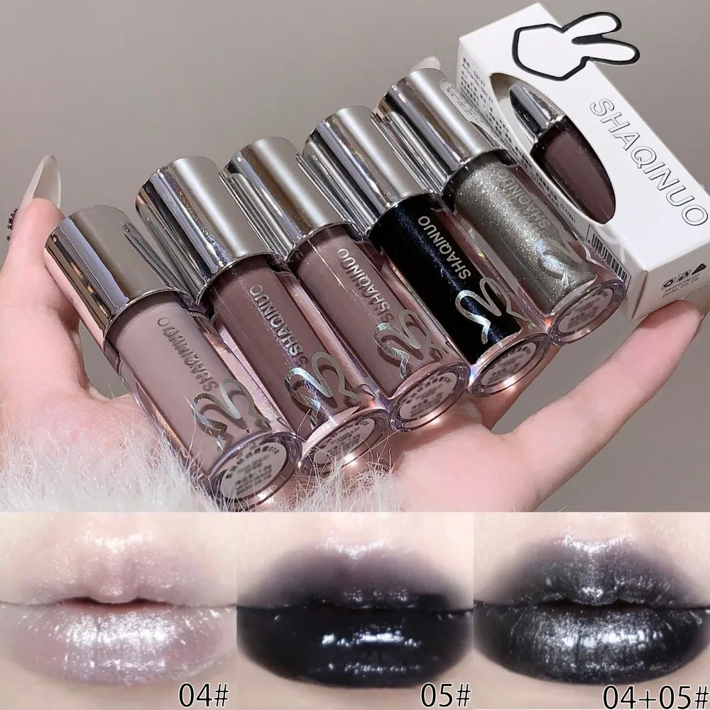 SHAQINUO Water Light Mirror Lip Gloss Lasting Moisturizing Black Gothic Silver Pearlescent Sparkling Lipstick Lip Oil Makeup