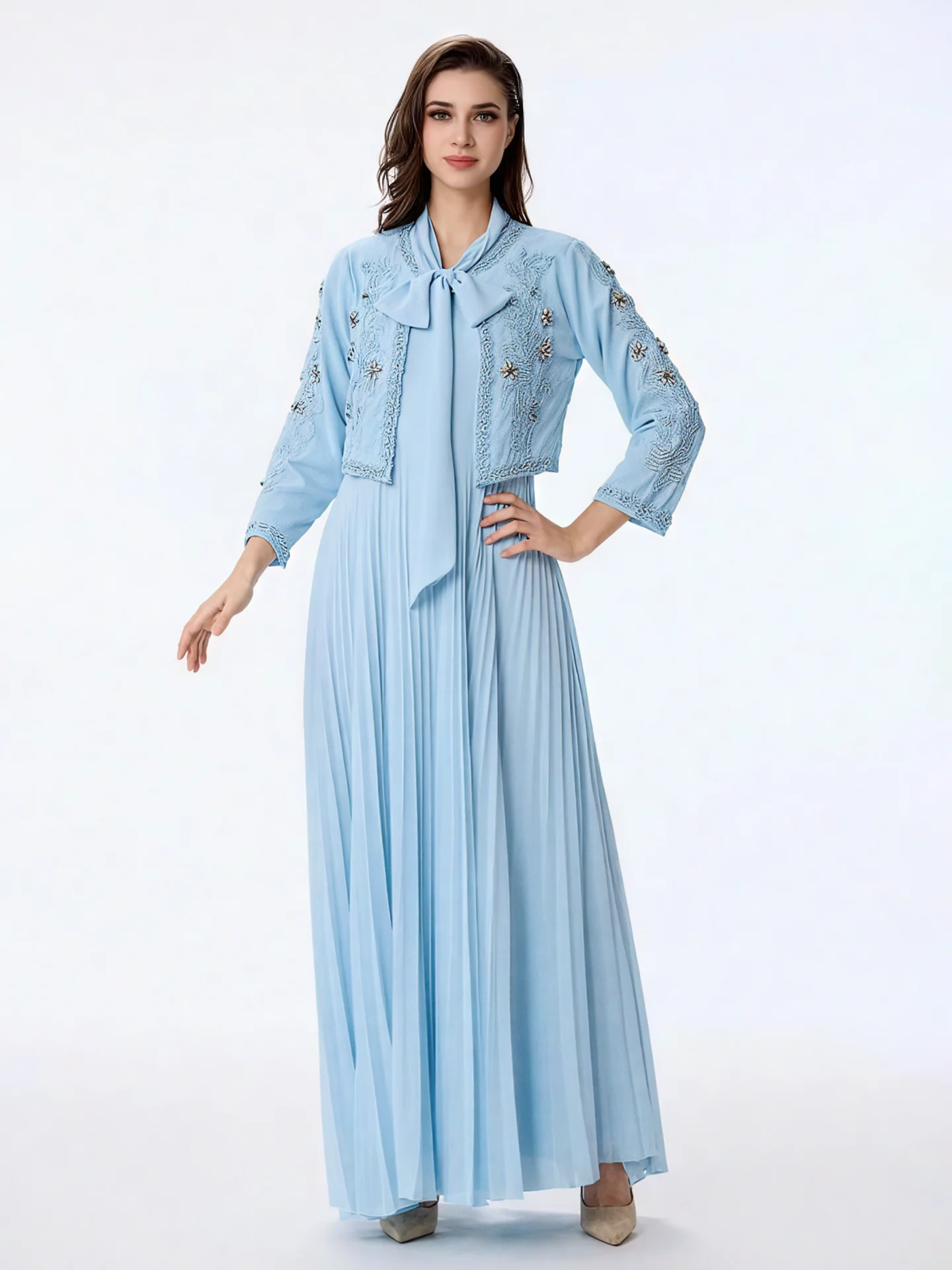 VGH Retro Elegant Two-Piece Set with Heavy Embroidery And Rhinestone Dress And Coat Ensemble for Women Fashionable Autumn Wear