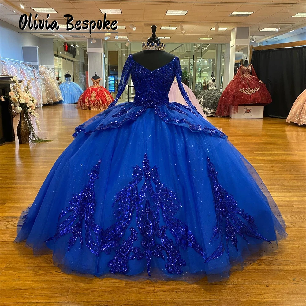 Glanzend Koningsblauw Lange Mouwen Quinceanera Jurk Kralen Appliques Ruche Baljurk Voor Verjaardag Vestidos De 15 Quinceañera Azul Rey