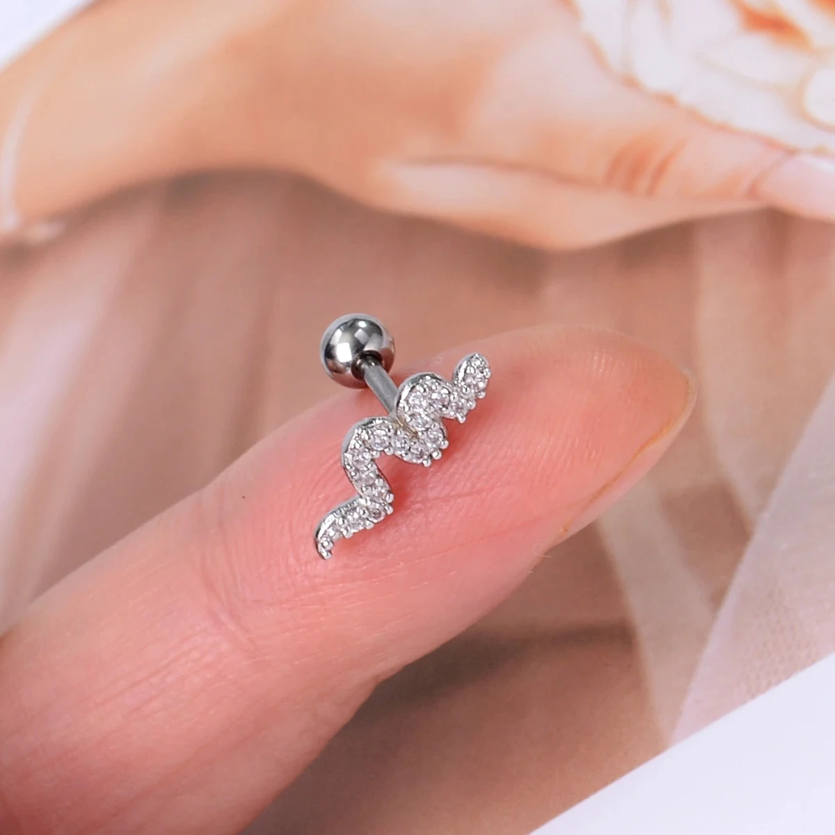 Curved CZ Cartilage Stud Moon Leaf Earring, Stainless Steel