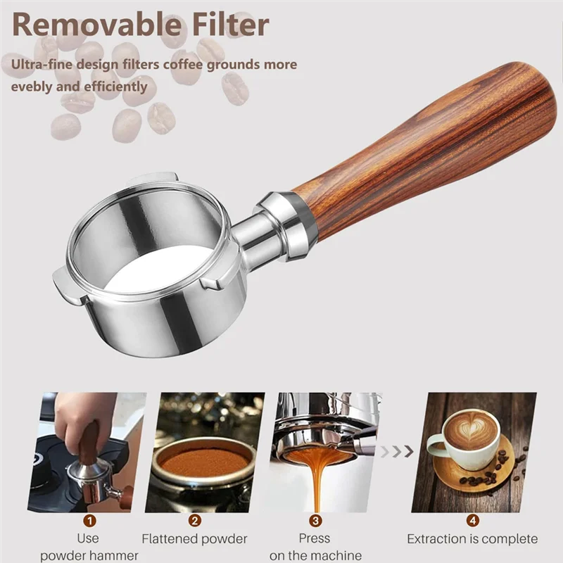 LITE-3 이어스 바텀리스 포르타 필터(파우더 트레이 2개 포함), 스테인레스 스틸 체 목재 + 스테인레스 스틸 1세트