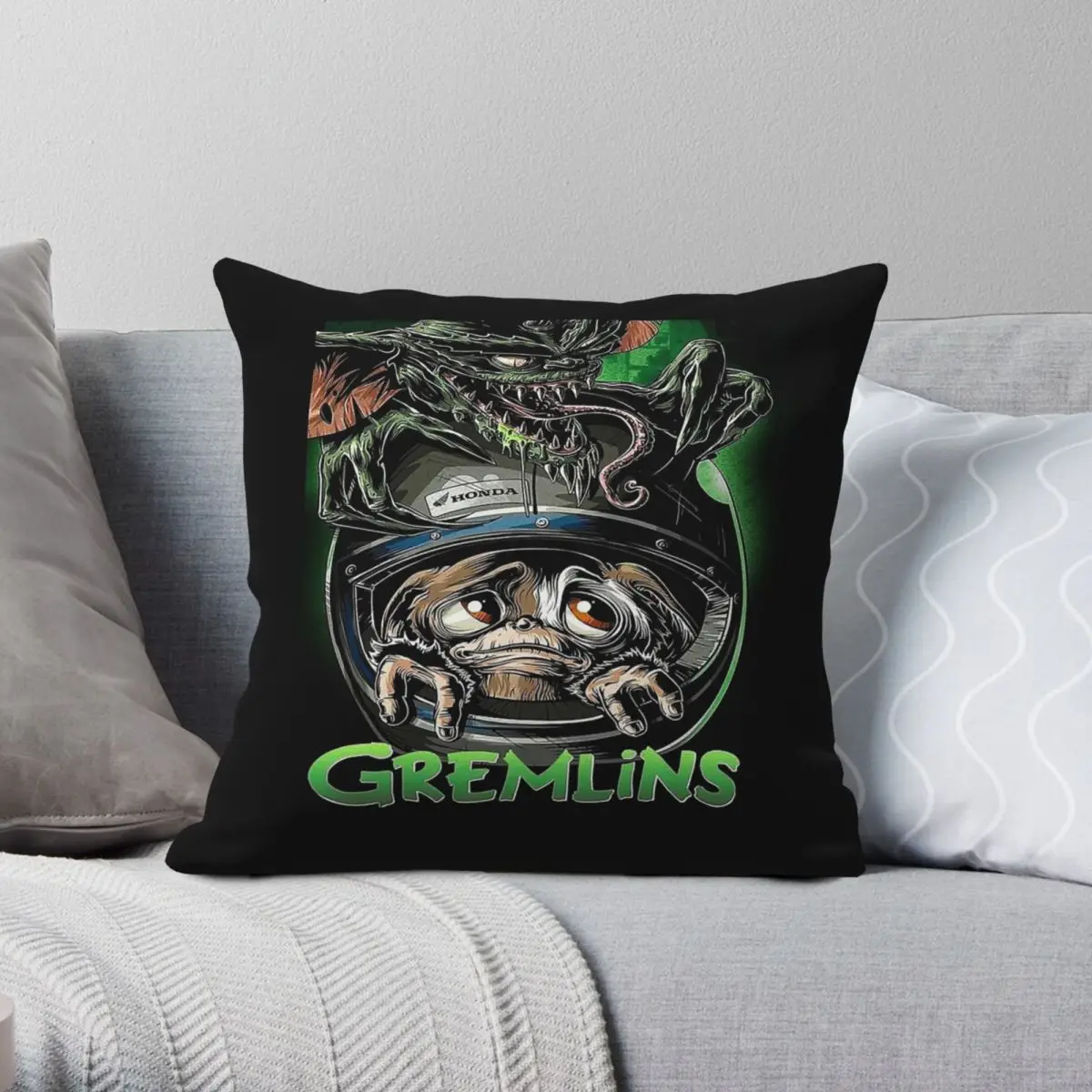 Funda de almohada cuadrada de película navideña Gremlins, funda de almohada con estampado de terciopelo y lino de poliéster, funda de cojín para sofá, venta al por mayor, 18"