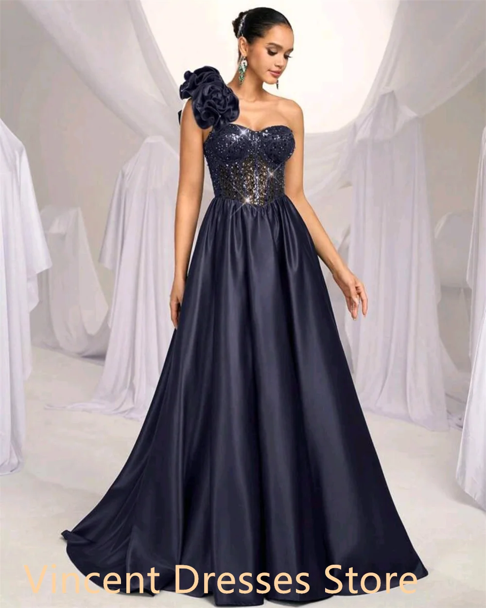 Aangepast temperament puur satijn Celebrity-jurken Elegant / sierlijk strapless kapmouw bloemen Lace Up Robe de soirée