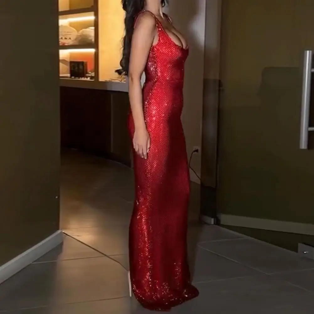 Abito da sera da donna Abito lungo con paillettes scollato senza maniche lungo fino al pavimento Abito lungo tinta unita slim fit Abito tubino da sposa per banchetti da ballo