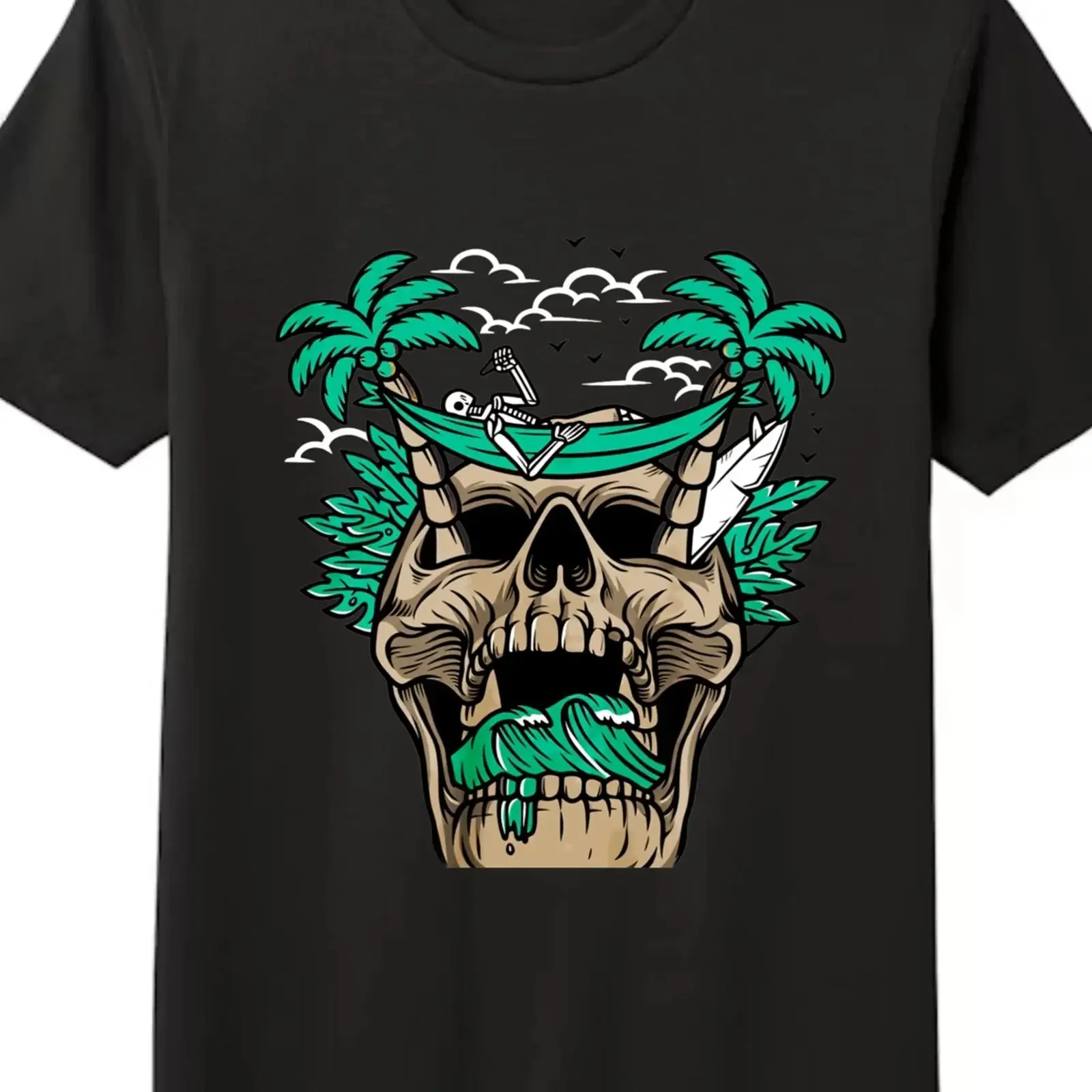 Tropical Skull Skeleton Hammock T Shirt Beach Casual vintage Washed homme Versatile Unisex Slightly Soft streetwear Stylish