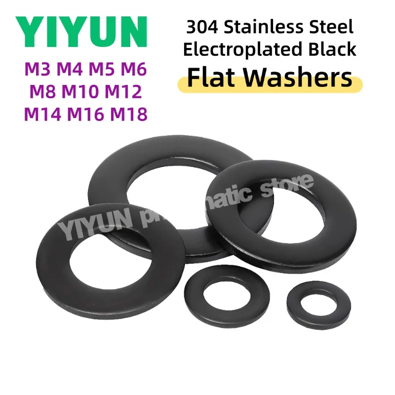 10-200pcs M3x7x0.5mm 304 Stainless Steel Electroplated Black Flat Washers Gasket Gaskets M3 M4 M5 M6 M8 M10 M12 M14 M16 M18