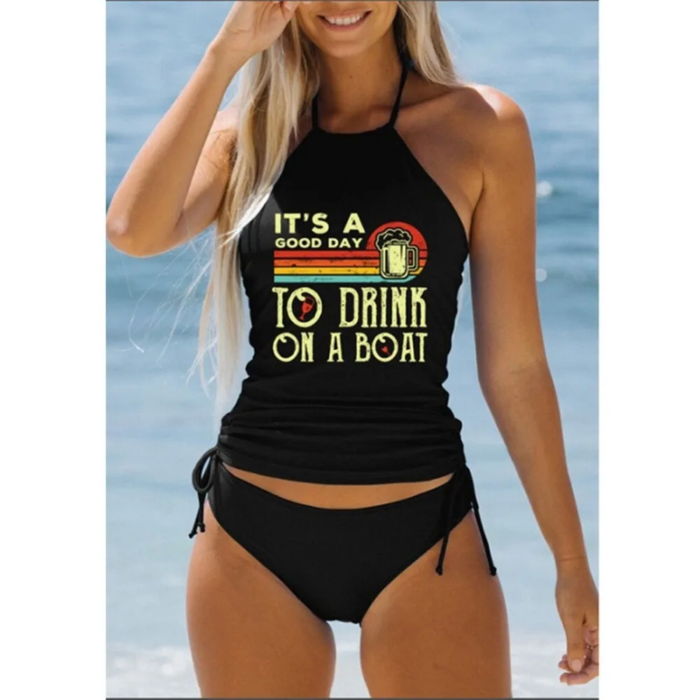Sexy Printed Tie-Front Bikini Set For Women, Plus Size High-Waist Modest Swimwear, Tummy Control Slim Beach Bathing Suit Tankini