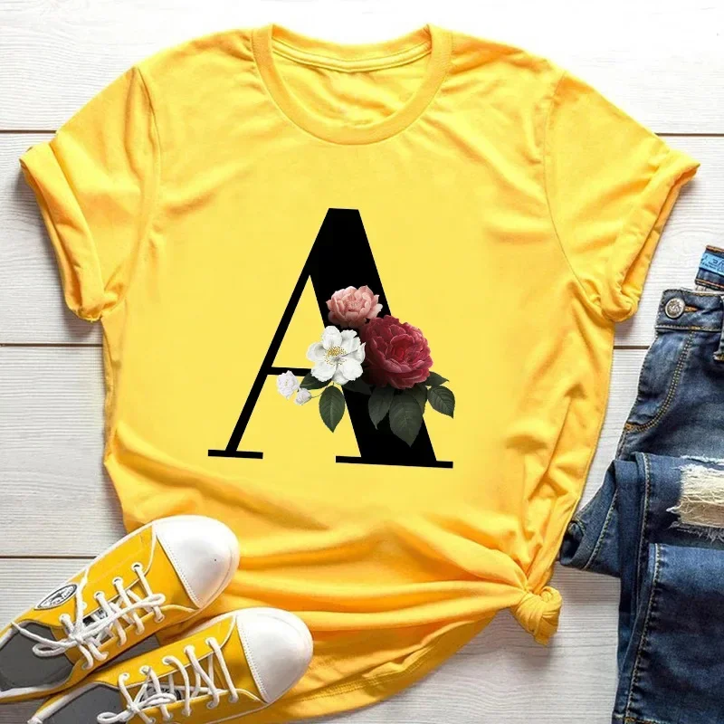 Venda quente tamanho grande flores 26 letras em inglês preto moda tendência impressão masculina e feminina casual amarelo camiseta manga curta