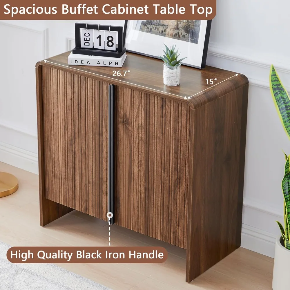 Buffet aparador de porta canelada de 60 polegadas com bordas curvas e armazenamento em destaque marrom