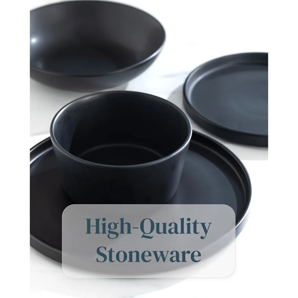 

Ultra Chic Matte Black Dinnerware Set - Black Stoneware Dinnerware for 4-16 pcs. Dishwasher & Microwave Safe - Plates and Bowls