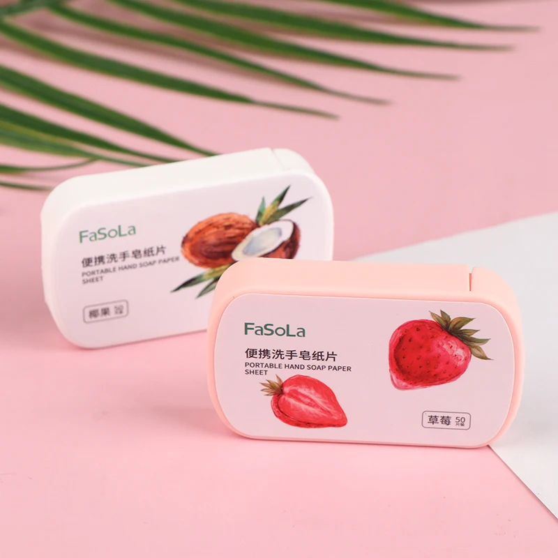 50Pcs/Box Strawberry Coconut Scented Slice Paper Cleaning Soaps Washing Hands Portable Aromatic Soap Papers Body Cleansers