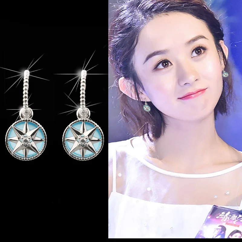 

S925 Sterling Silver Jewelry Compass Needle Fashionable Eight-Pointed Star Star Cat Opal Temperament Stud Earrings