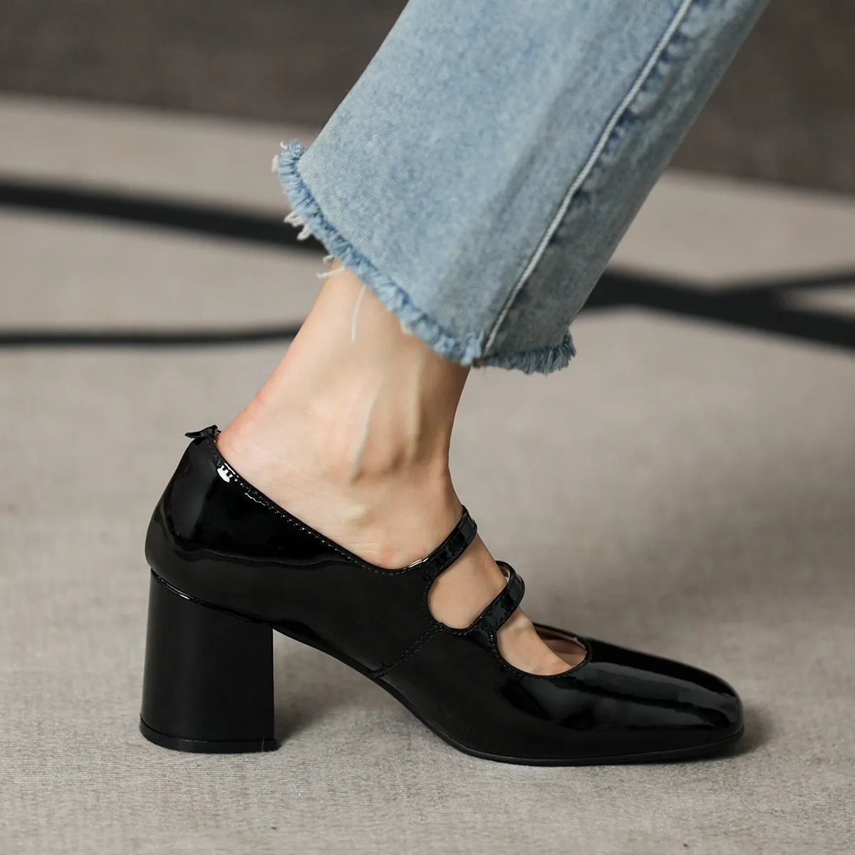 Women Pumps  Mary Jane  SquareToe Spring Atumn Patent Leather Pumps  Two Straps Med Heel Elegant Women Round Toe Shoes