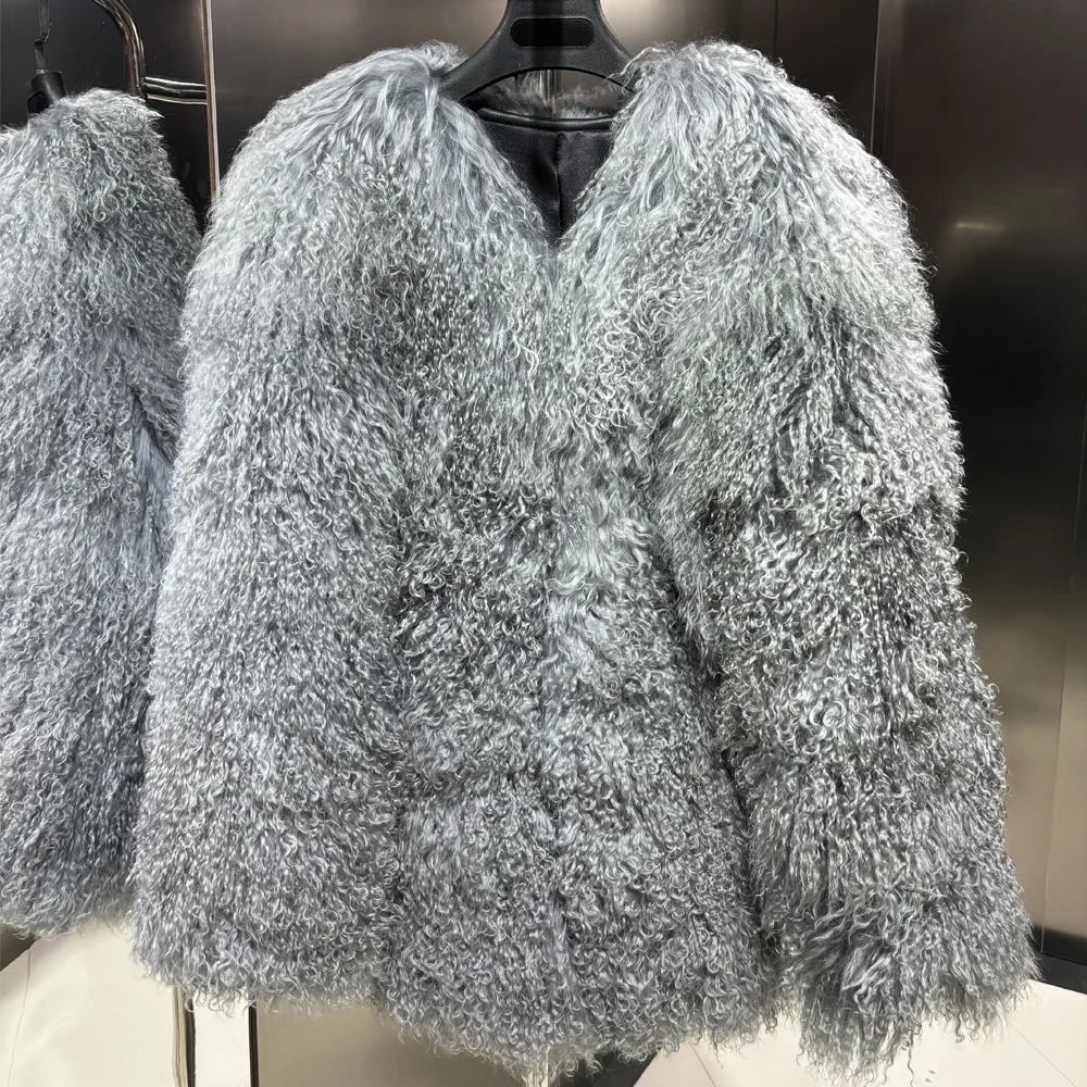 2024 Winter Warm Gray Long Real Mongolia Sheep Fur Jacket Coat Women Outerwear