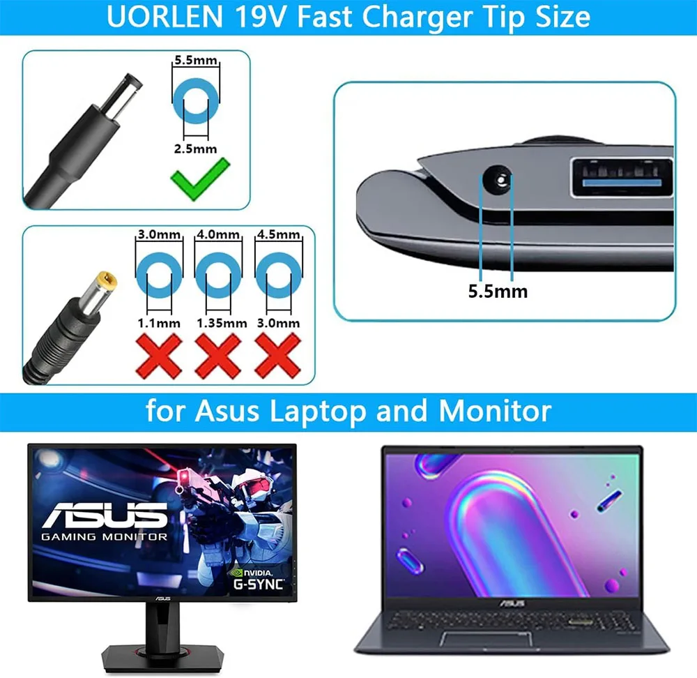19V 電源コード Asus モニター用 22'' 23'' 24'' 27'' VG278 VG279