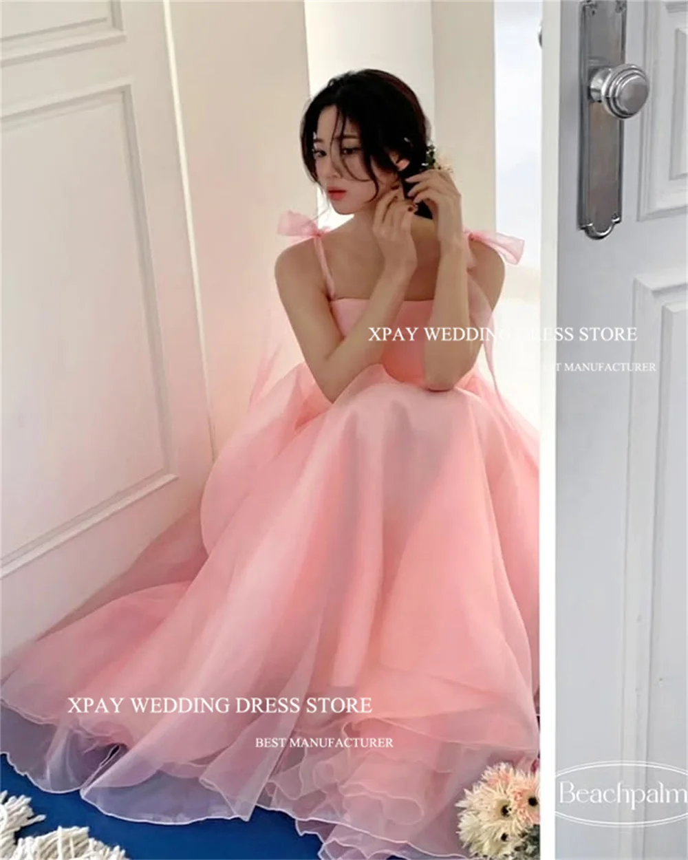 

XPAY Princess Soft Pink Straps Korea Wedding Dresses Organza A Line Floor-Length Formal Prom Gown Customized Wedding PhotoShoot