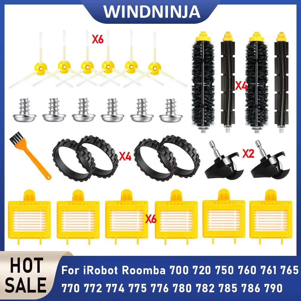Peças para iRobot Roomba Série 700 (720, 750, 760, 761, 770, 772, 774, 775, 780, 782, 790): Pneus da Roda Dianteira, Escova Principal, Escova Lateral, Filtro HEPA