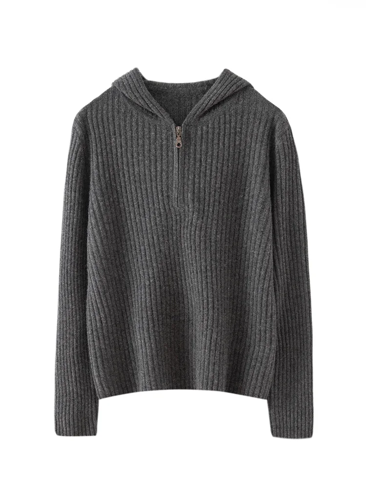 

Осень-зима женский пуловер из 100% чистого кашемира, свитер с капюшоном на полумолнии, однотонное зашифрованное универсальное повседневное вязаное пальто, высококачественное