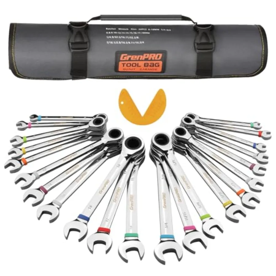 

Ratchet Wrenches Set, 22Pcs 72-Tooth Combination Wrench Set with Roll up Pouch, SAE and Metric and Standard, 1/4" to 3/4" and 6