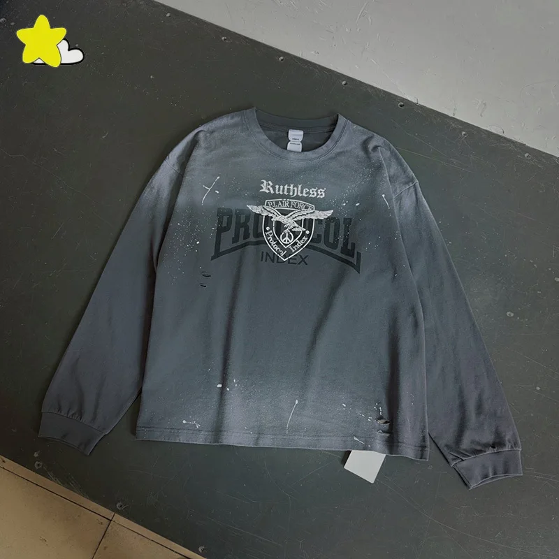 Classic Letters Logo Eagle Print Protocol Index Long Sleeve T-Shirt Men Women Streetwear Vintage Slate Blue Splash-Ink T Shirt