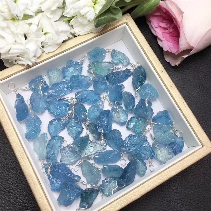 5PCS S925 Natural Raw Aquamarine Pendant Healing DIY Necklace Fashion Classic Women Jewelry Accessories Exquisite Gift