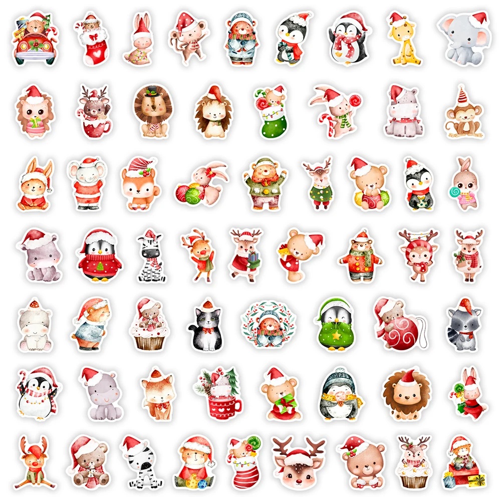 Fun Cartoon Christmas Animals Stickers Cute Bear Moose Penguin for DIY Crafts Kids Gift Toys Waterproof Decal Luggage Decorative