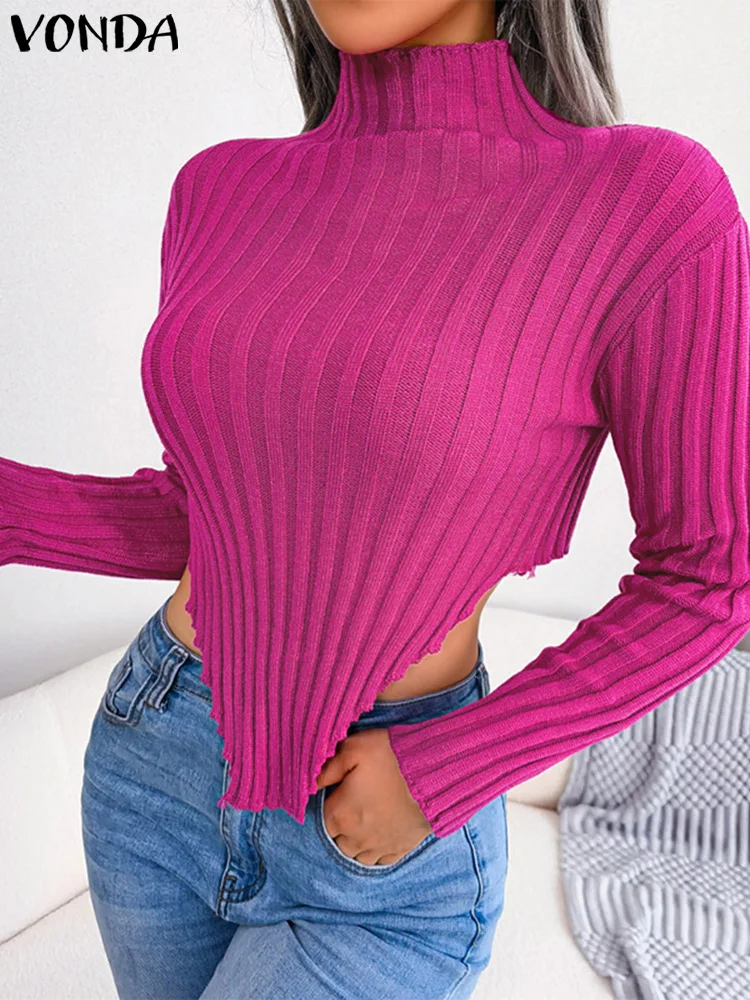 

VONDA Turtleneck Sweaters 2025 Autumn Winter Jumpers Pullovers Women Fashion Long Sleeve Asymmetrical Tops Streetwear Knitted