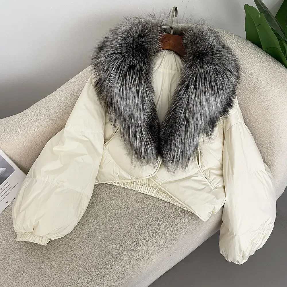 Luxurious Winter Jacket Women Real Fox Raccoon Fur Collar Natural Thick Warm Duck Down Coat Short Outerwear Streetwear Loose