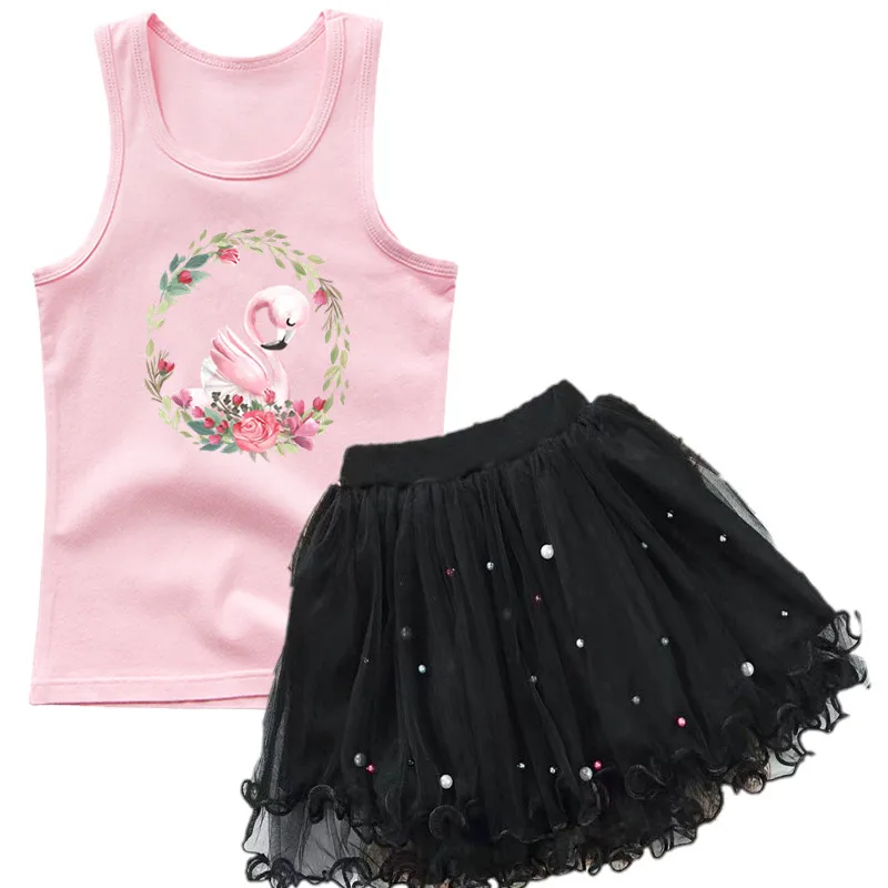 Girls Cute Flamingo Sleeveless T-shirt Outfits Baby Kids Cute Bird/Swan Tank Top +TUTU Skirt 2pcs kids party clothing Set