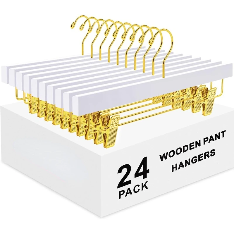 

Set of 24 white wooden trouser hangers with gold clips