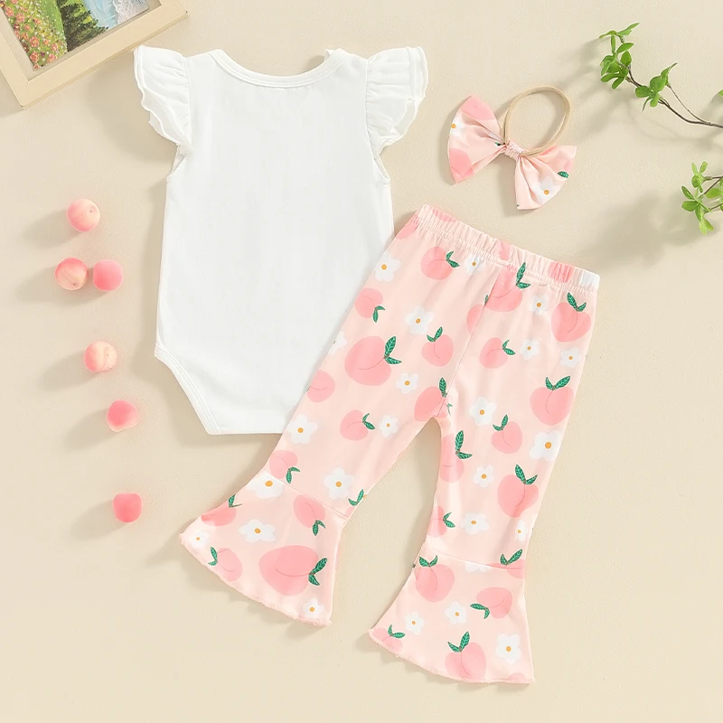 

Baby Gir First Birthday Infant One Year Old Outfit Ruffle Sleeveless Romper Peach Floral Print Flare Pants Headband