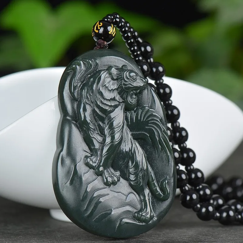Hetian Green Single-Sided Jade Pendant Men Women, Tiger Amulet Protecting Mountains And Rivers