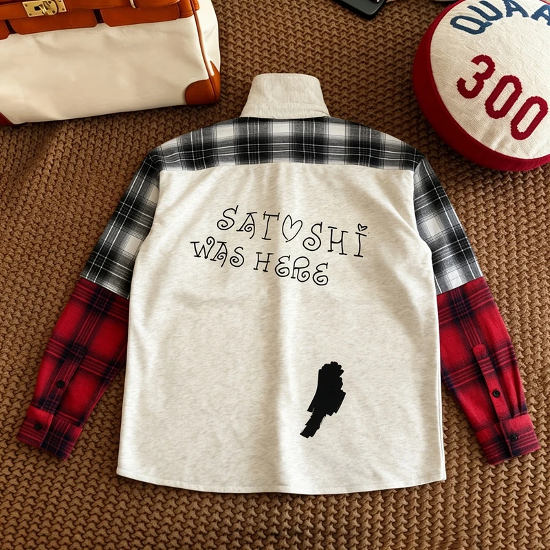 Fake Two Pieces SATOSHI NAKAMOTO Men Patchwork Plaid Shirt Graffiti Print Long Sleeve Button Shirts Casual Streetwear Shacket
